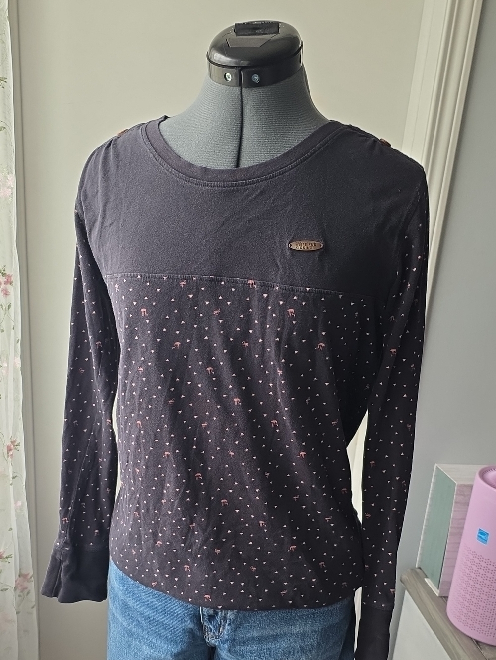 Black Long-Sleeve Tee with Pink Micro Dot Print